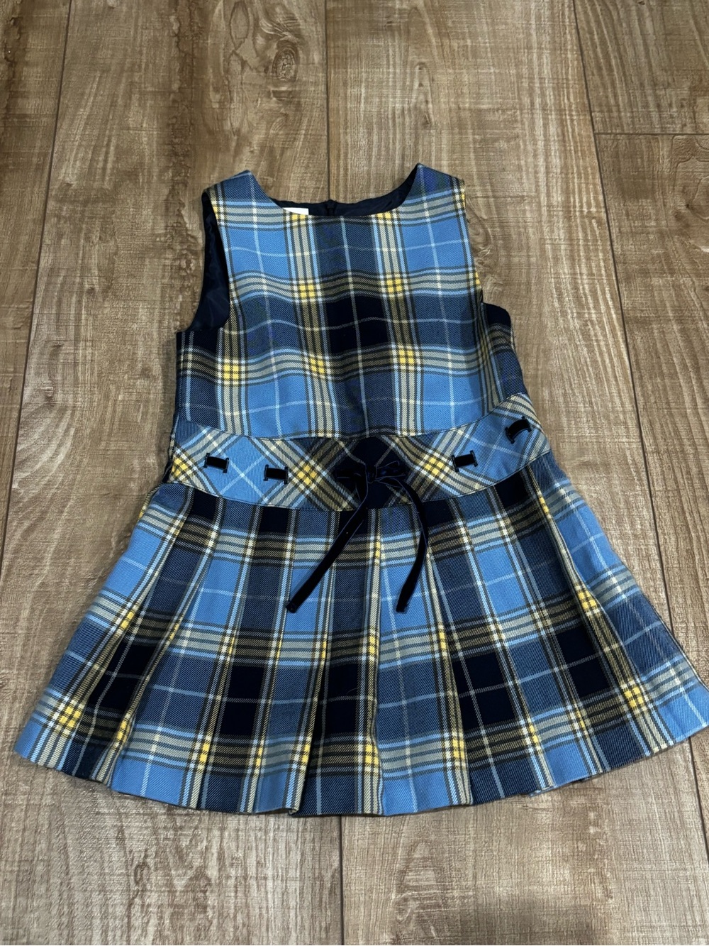 Talbots Blue Plaid Pleated Dress with Navy Bow